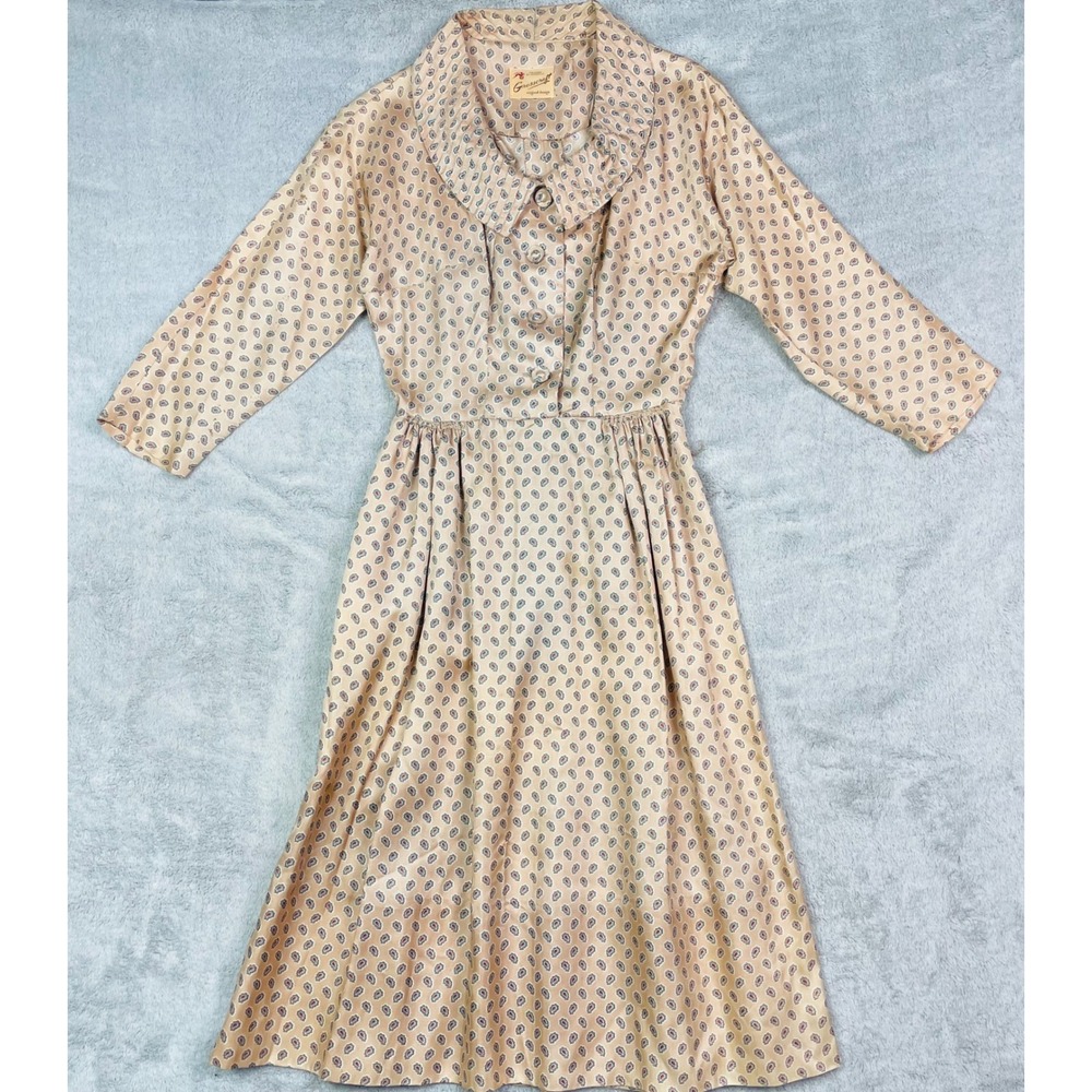 Vintage 1950s Grosscraft Paisley Dress Flare Pleated Collar Beige Tan S AS IS⁠